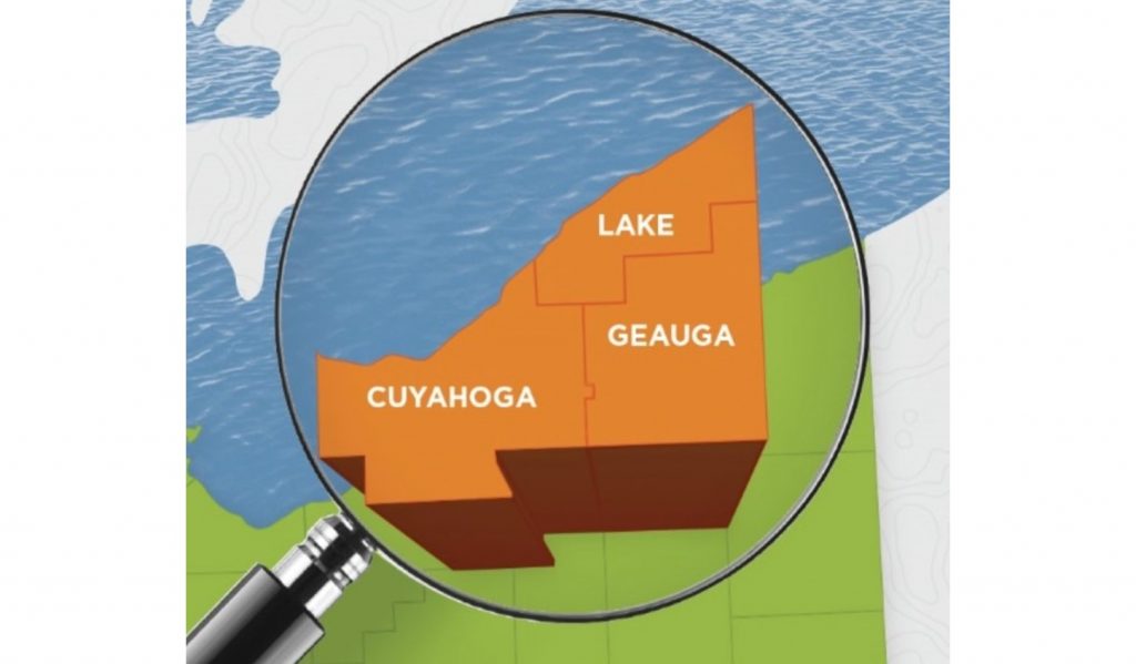 Map of Ohio with magnifying glass highlighting Cuyahoga Lake and Geauga counties