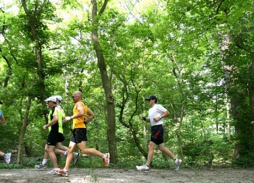 Runners jog on wooded Cleveland Metroparks trail
