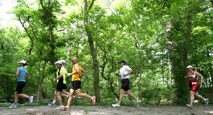 Runners jog on wooded Cleveland Metroparks trail