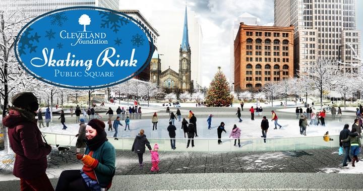 Rendering of people ice skating on Cleveland Public Square