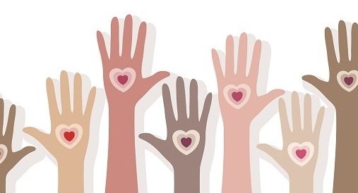Illustration of raised hands with hearts