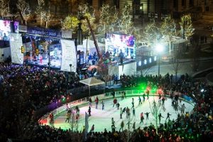 Ariel photo of skaters on Cleveland Foundation Skating Rink during WinterFest