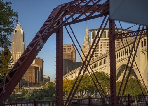 View of Cleveland skyline through bridge