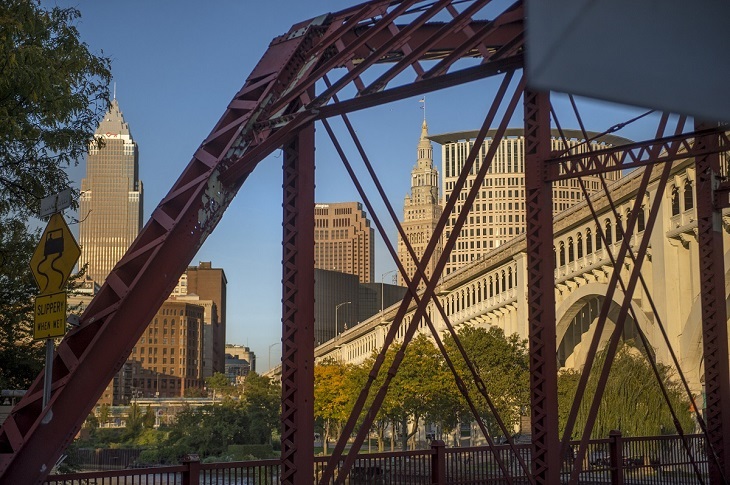 View of Cleveland skyline through bridge
