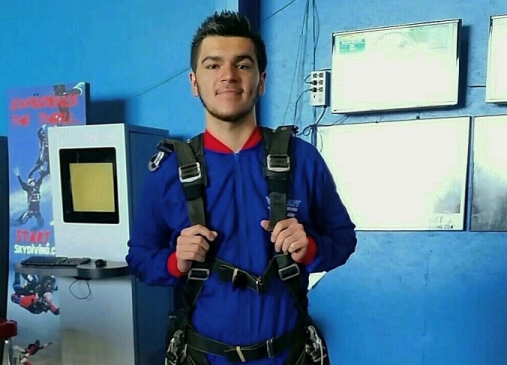 Martin Cantera poses in skydiving gear