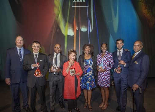 the 2017 Anisfield-Wolf winners pose with their awards alongside Cleveland Foundation President & CEO Ronn Richard and poet Rita Dove