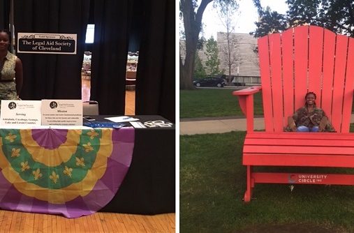 Ebony Kennedy pictured at Legal Aid information table and seated on large red adirondack chair in University Circle