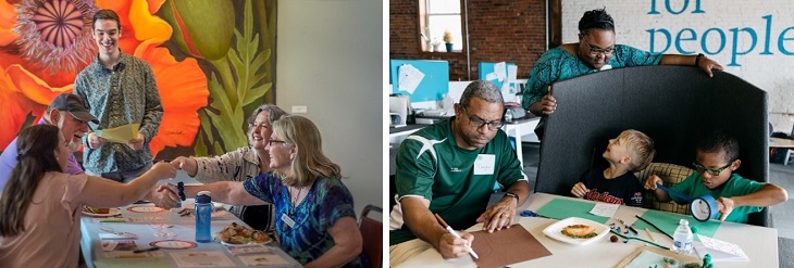 Two photos of people seated at Common Ground tables 