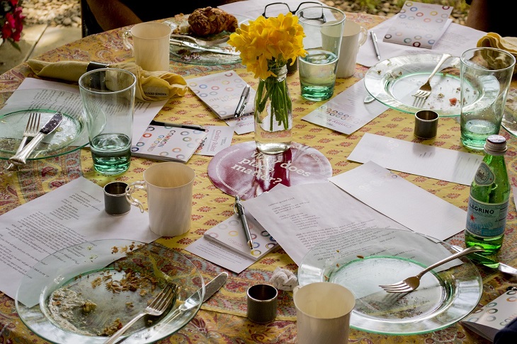 A table with dishes left over from a Common Ground meal