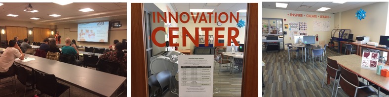 Three images show views of the Innovation Centers at the library