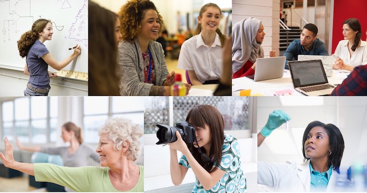 Collage of images of women doing various activities