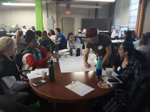 A group of Summer Interns work around a table during a civic immersion day 