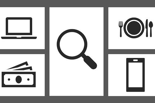 A graphic showing computer, money, magnifying glass, place setting and phone icons