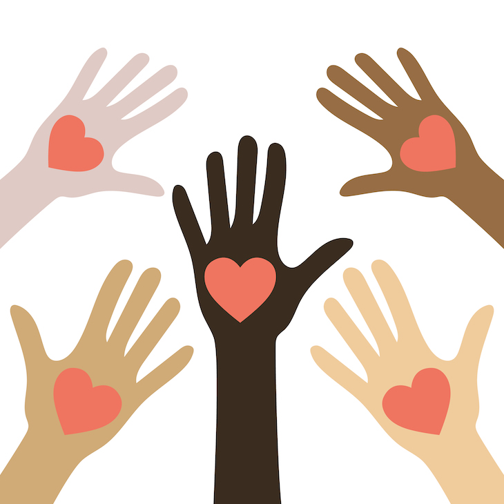 Illustration with different colored hands with hearts on palms