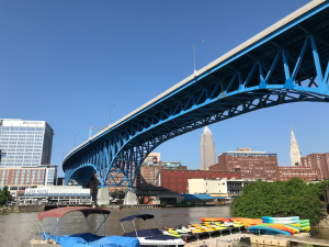 A view of the cuyahoga river and kayaks