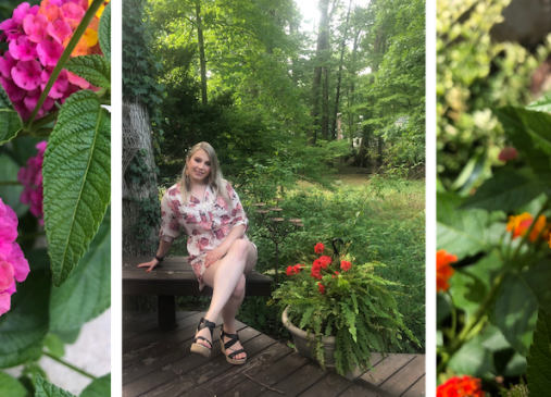 Collage of photos of flowers and photo of Rachel in garden