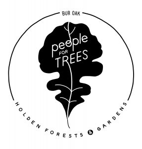 A logo for people for trees features a black and white leaf