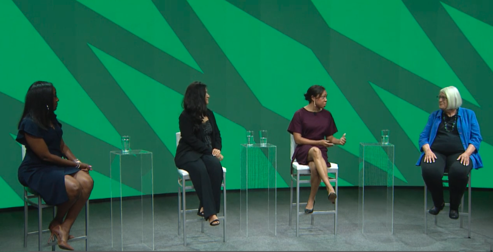 (L to R): Dr. Michele Scott Taylor, chief program officer, College Now; Roberta Duarte, principal, community engagement and outreach, JumpStart Inc.; Bishara Addison, director of job preparation, The Fund for Our Economic Future; and Helen Williams, program director for education, Cleveland Foundation, discuss efforts to create pathways to opportunity in Greater Cleveland.