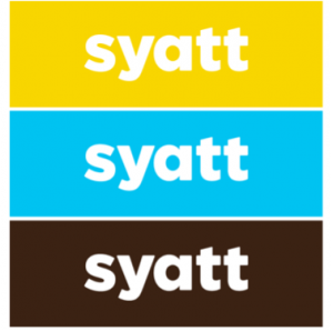 Syatt logo has name repeated three times on yellow blue and brown striped background