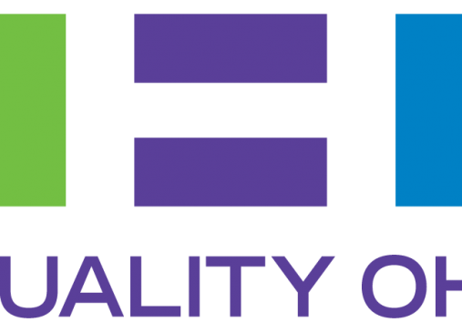 Equality Ohio logo features parallel and perpendicular lines in green purple and blue