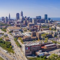 Birds eye view of Downtown Cleveland facing west