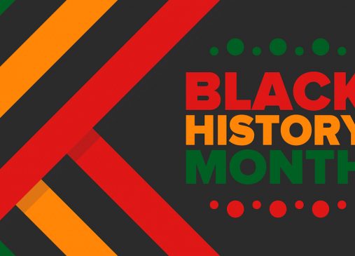 Black history month graphic with red, orange and green text on black background