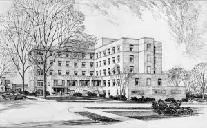 A black and white sketch of Forest City Hospital
