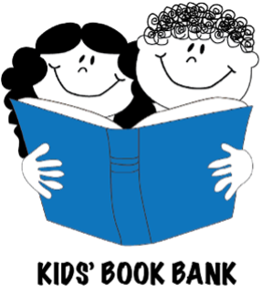 Kids' Book Bank logo shows two people smiling holding a blue book together