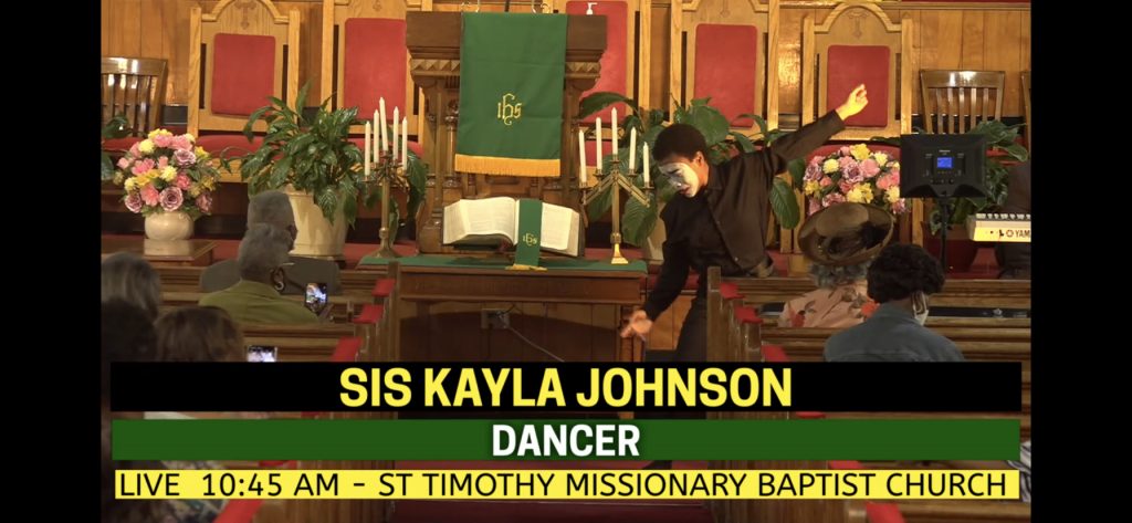Kayla Johnson worshiping by mime at St. Timothy's Missionary Baptist Church