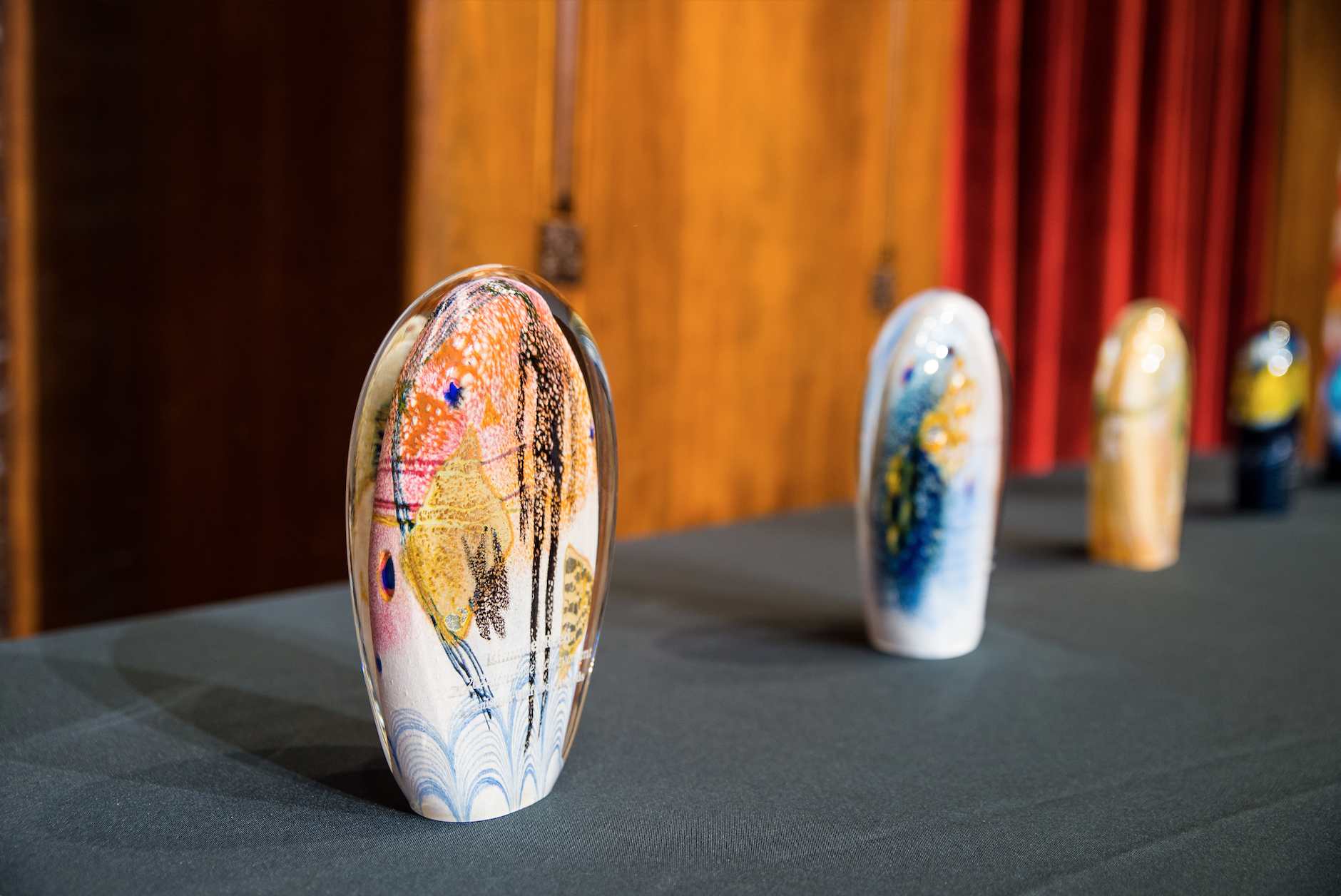 Photo of the glass Anisfield-Wolf Book Awards on a table