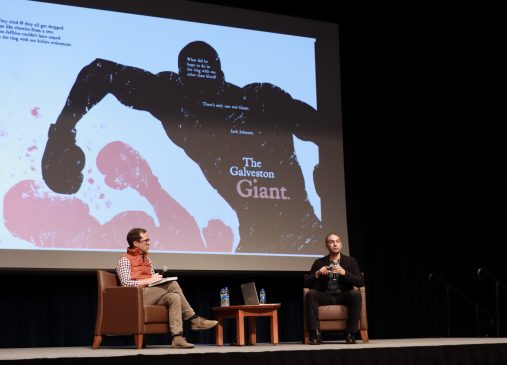 Poet Adrian Matejka and Justin Granville on stage